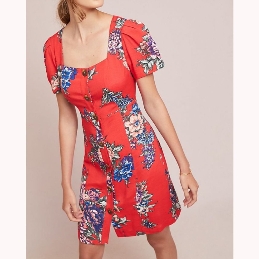 Anthro Maeve Caldwell Red Floral Button-Down Dress